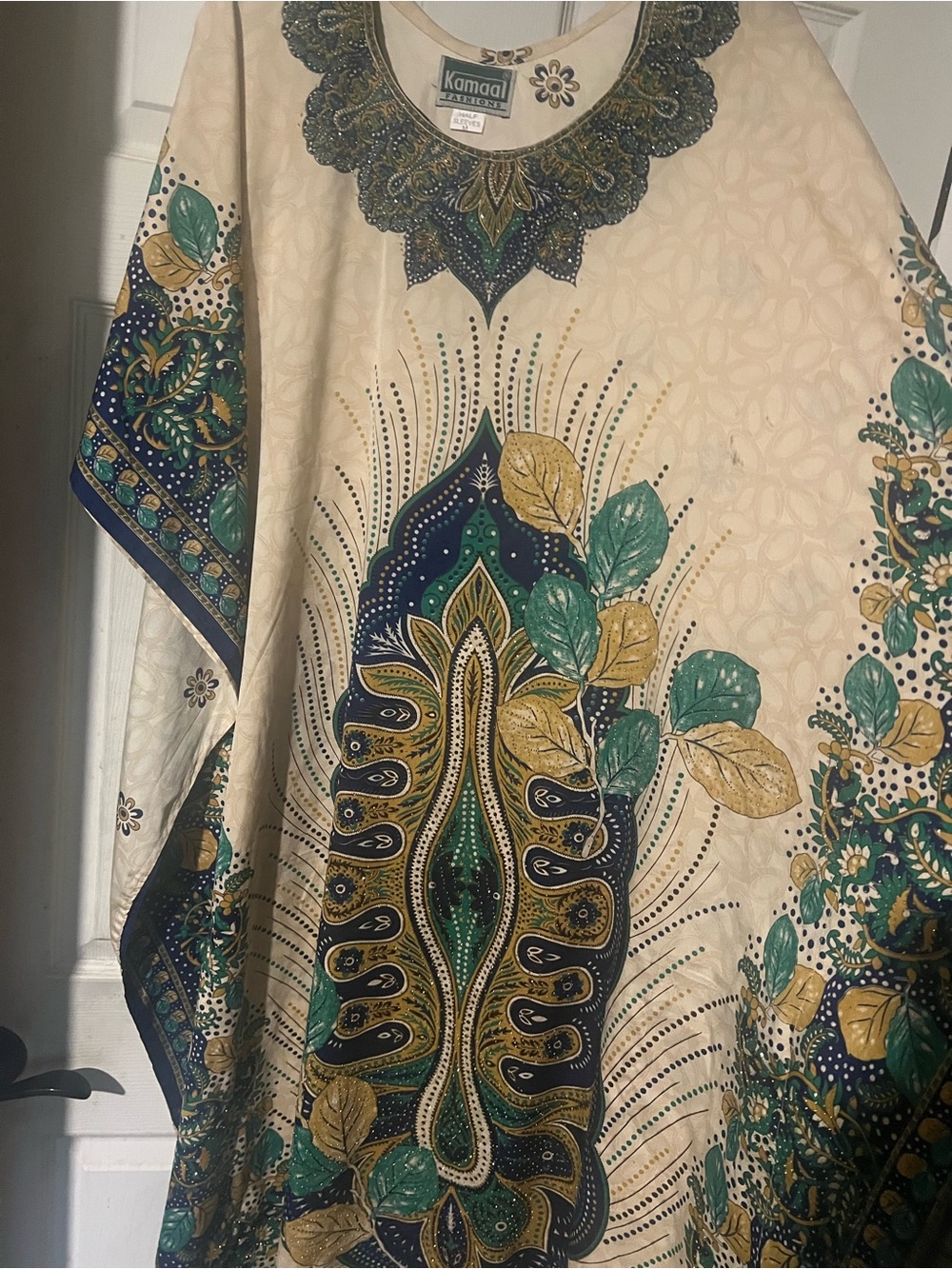 Creamy Kaftan Dress with Green & Gold Botanical Print